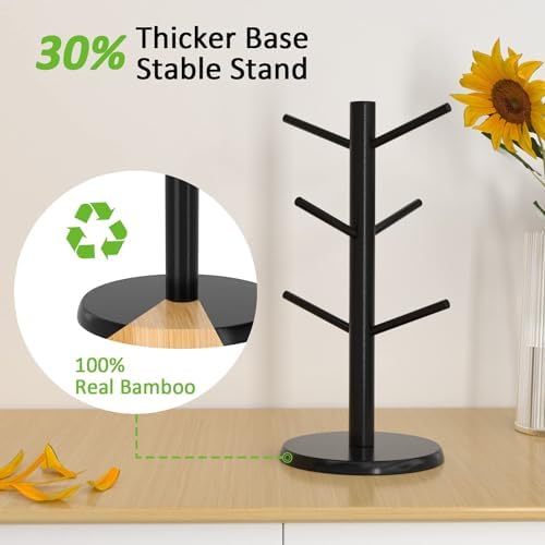 Coffee Mug Holder with 6 Hooks, Bamboo Mug Tree Stand for Countertop