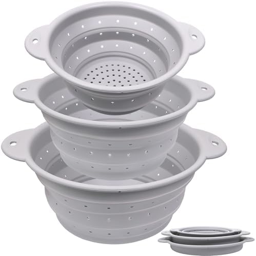 Silicone Collapsible Colander Set of 3, Thickened Foldable Strainers
