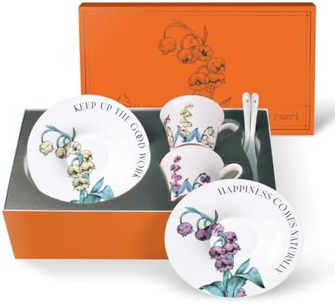 Tea Cup Set With 2 Tea Cups 2 Saucers And 2 Spoon 7 OZ Espresso Coffee