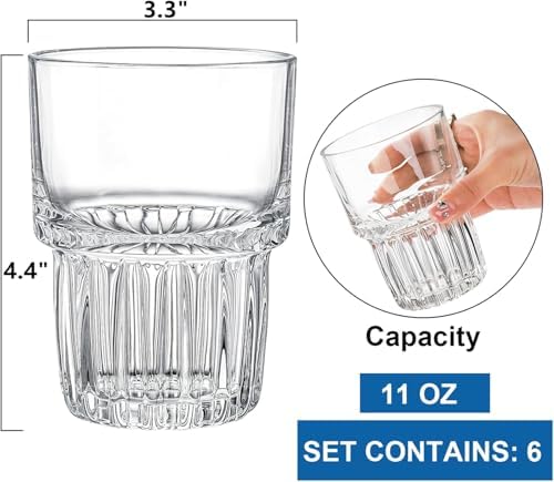 DEAYOU 8 Pack Drinking Glasses Set, 11 OZ Clear Striped Iced Tea Water