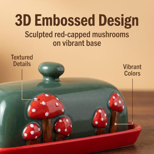 Mushroom Ceramic Covered Butter Dish Red Base Green Lid Plate with
