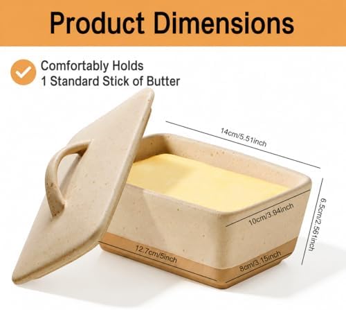Beige Stoneware Vintage Butter Dish with Lid for Kitchen Countertop