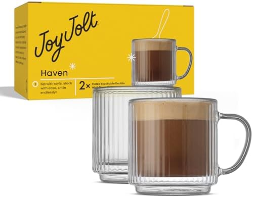 JoyJolt Haven Stackable Fluted Glass Mugs Set of 2, 5.5oz Ribbed