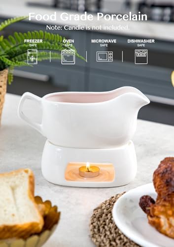 Nucookery Large 18 Oz Gravy Boat with Warmer, White Fine Porcelain