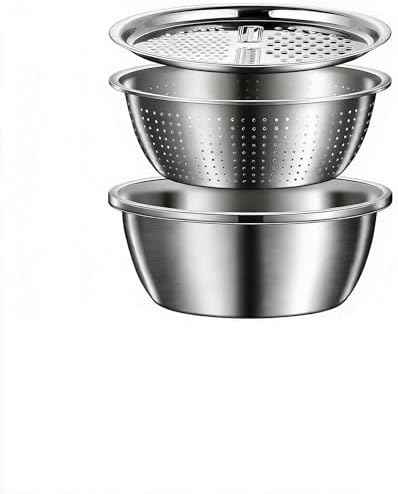 3 in 1 Stainless Steel Mixing Bowls Set - Multifunctional Colander with Grater & Vegetable Slicer, Stackable Kitchen Strainer Drain Basket for Rinsing, Washing, Mixing & Food Prep, Food Grade, 3Pcs
