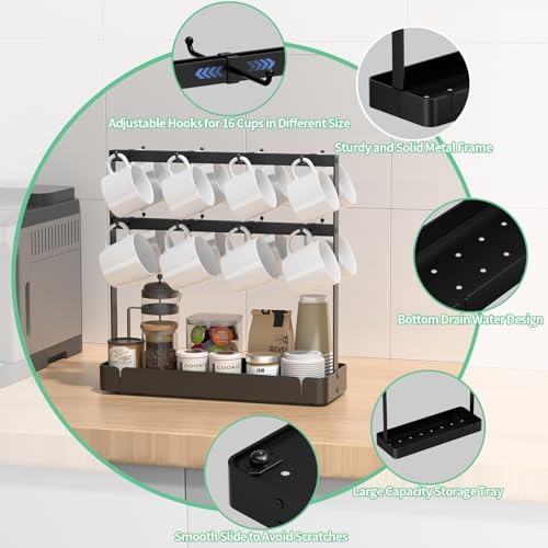 Coffee Mug Holder, 2 Tier Metal Mug Rack with 16 Movable Hooks
