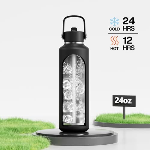 POWCAN 24 oz Slim Insulated Water Bottle with Straw: Leakproof, Keep