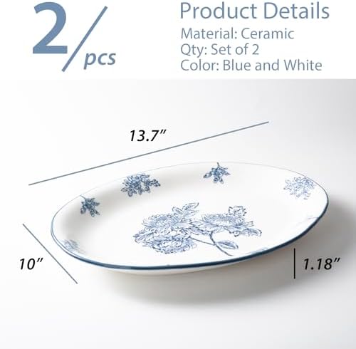 Ceramic Serving Platter, Large Oval Dinner Plates, Blue and White, Set