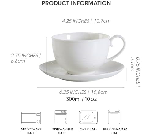 10OZ Porcelain Cappuccino Cups with Saucers, Ceramic Espresso Cups