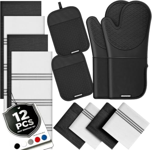 Silicone Oven Mitts and Pot Holders Set, 4 Kitchen Towels/4 Dish