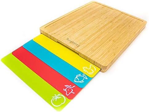 Berghoff 5Pc Bamboo Cutting Board Set & Color Coded Flexible Plastic