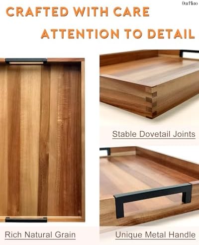 22-in Acacia Wooden Serving Tray with Black Metal Handles