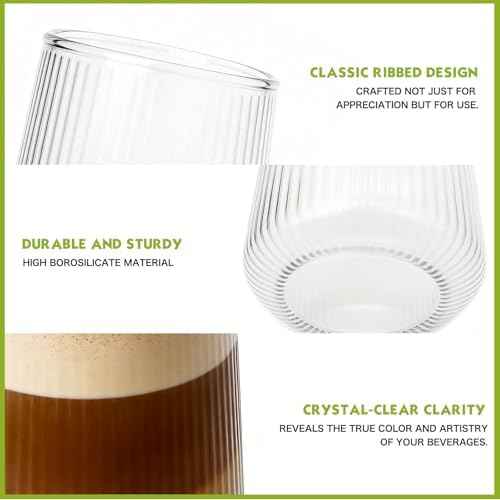 Greentainer Borosilicate Drinking Glasses Set of 6, 16 oz Clear Ribbed