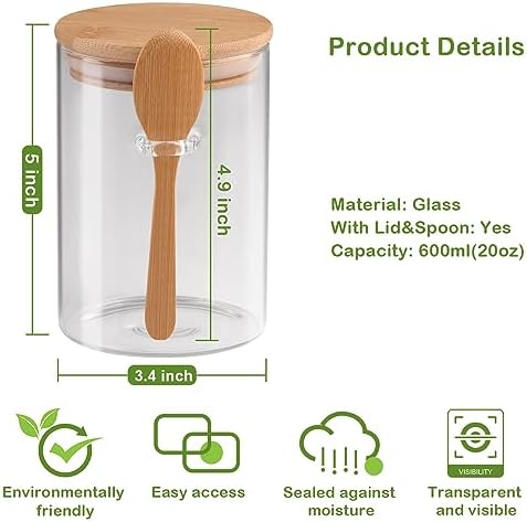 Set of 3 Airtight Glass Jars with Bamboo Lids and Spoons - 20oz