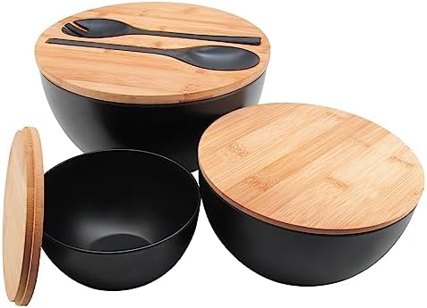 ECOWAY Salad Bowls Set of 3 with Lid & Serving Utensils, Bamboo Fiber Mixing Bowls Set Large Serving Bowls & Storage Set with Bamboo Lid for Salad, Kitchen Eating, Pasta, Popcorn, Chips, Fruit, Black