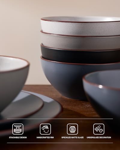 Famiware Venus Plates and Bowls Sets with Rim, Stoneware Dinnerware for 8