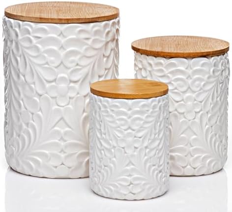 Engraved Ceramic Canisters Set of 3, 74, 36 & 18 Oz, Airtight Bamboo