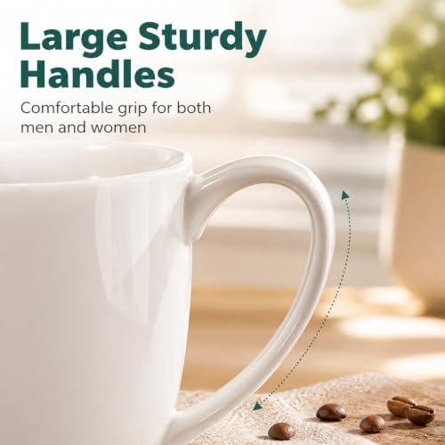 White Porcelain Coffee Mugs Set of 6, 13 Ounce Coffee Cups with