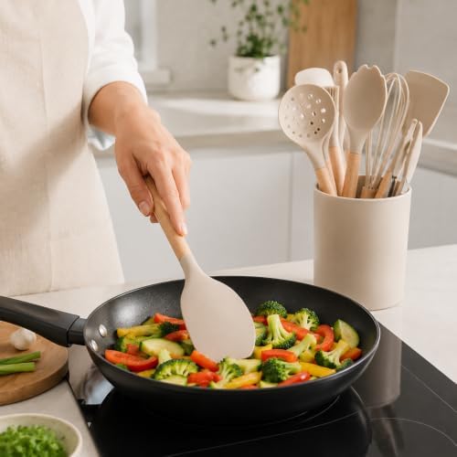 12 Piece Kitchen Utensils Set with Holder, Beige