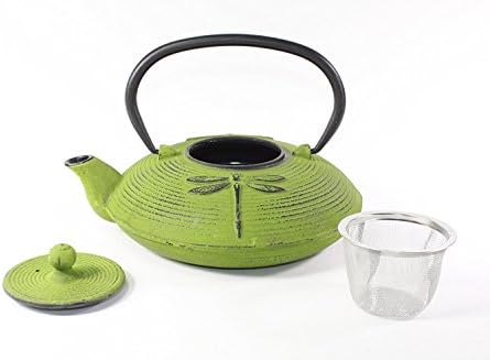 Japanese Antique 27 Fl Oz Green Dragonfly Cast Iron Teapot Tetsubin