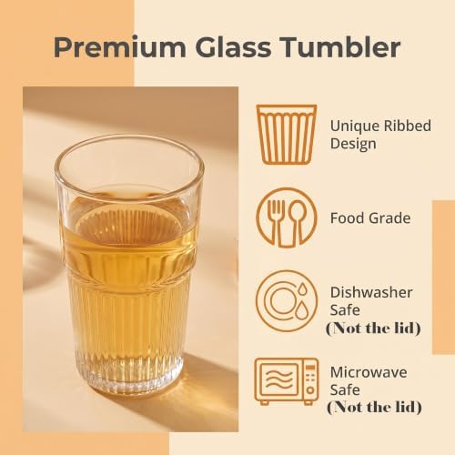 Glass Tumbler with Straw and Lid 16 oz Ribbed Glass Coffee Cups