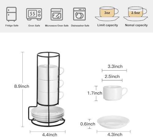 2.5 OZ Porcelain Stackable Espresso Cups and Metal Stand Set of 4