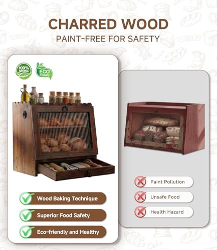 Bread Box for Kitchen Scalloped Countertop Wooden Double Layer Bread