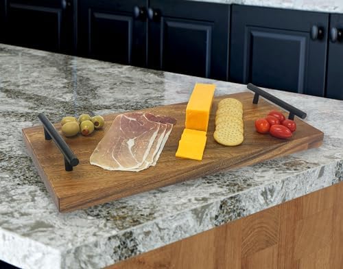 Woodard & Charles Acacia Wood 16" Serving Board Tray with Metal Hands