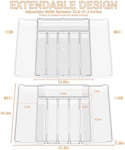 Yieach Clear Expandable Silverware Organizer, 11'' to 22''