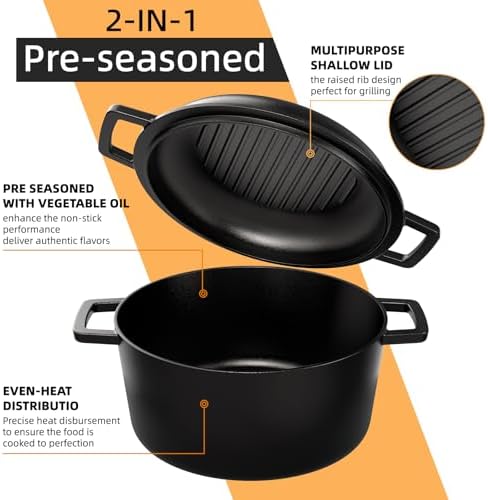 Cast Iron Dutch Oven Pot with Skillet Lid – Pre-Seasoned – Skillet Lid