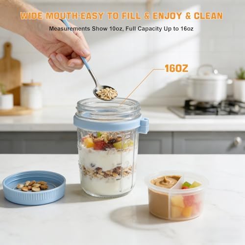 Overnight Oats Containers, 6 Pack 16 oz Glass Mason Jars