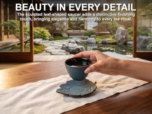 Blue Cast Iron Tea Cup Set of 2 with Leaf Saucers