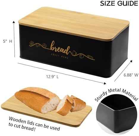 Bread Box with Bamboo Cutting Board Lid, Metal Bread Box for Kitchen Counter, Small Bread Storage Container, Black Bread bin for Kitchen Countertop