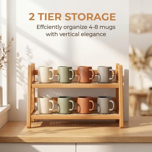2-Tier Coffee Station Organizer, Bamboo Coffee Cup Holder for Counter