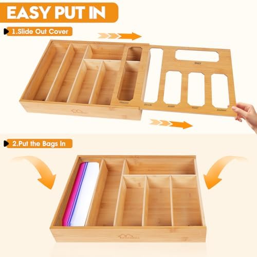 Bamboo Ziplock Bag Organizer for Kitchen Drawer & Wall Mount, Food