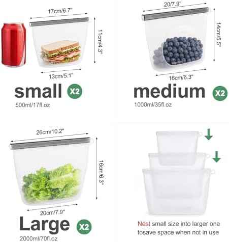 Silicone Reusable Food Storage Bags 6 Pack,Reusable Freezer Bags,Stand