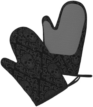 Gothic Black Skull Oven Mitts and Pot Holders, 4-Piece Set