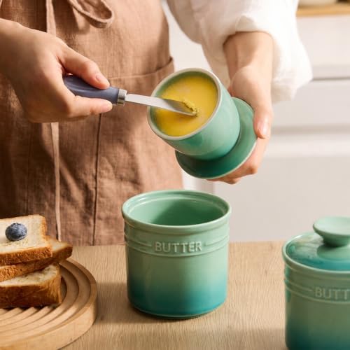 Ceramic French Butter Crock with Lid, Green