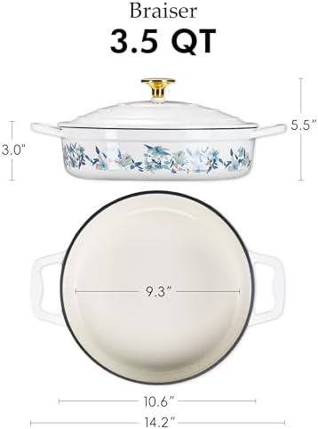CAROTE 3.5QT Enameled Cast Iron Braiser Pan, Shallow Floral Dutch Oven