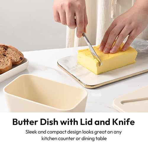 White Butter Dish with Lid and Knife, BPA-Free Butter Keeper with