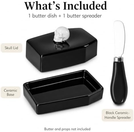 Skull Ceramic Butter Dish with Lid and Butter Spreader