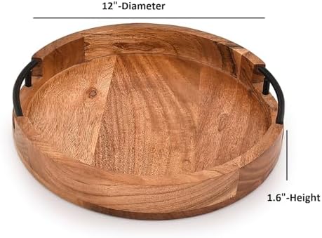 Tray Acacia Wood Round Serving Tray with Iron Handles for Coffee Table