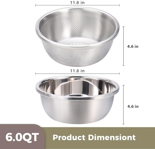 Colander and Bowl Set 6.0QT (2-in-1) - Thickened 304 Stainless Steel Kitchen Strainer Bowl for Fruit, Pasta, Vegetables, Rice - Heavy Duty, Induction Cooker & Dishwasher Safe