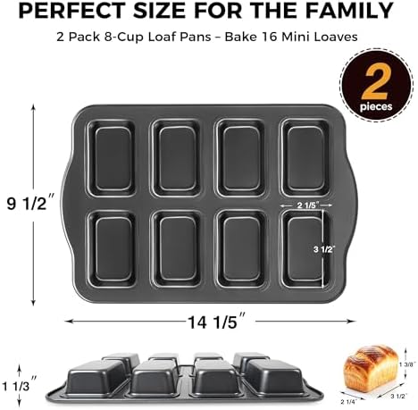 HONGBAKE 2 Pack Mini Loaf Baking Pans 8-Cavity, Nonstick Small