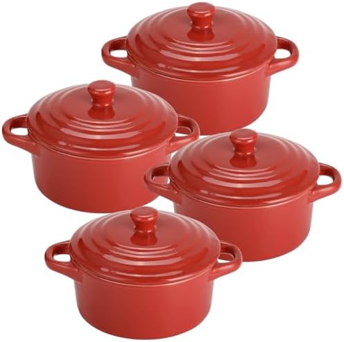 4 Pcs Red Ceramic Small Cocotte Set, 5.3 x 3.1 in Small Ramekins with
