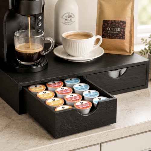 Mustry Wooden K Cup Holder, 36 Pod Capacity, Black K Cup Drawer Organizer