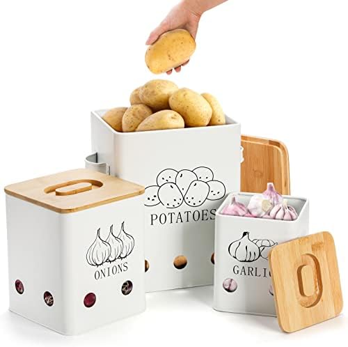WUWEOT 3 Pack Vegetable Storage Tins, Metal Onion Garlic Potato Jars