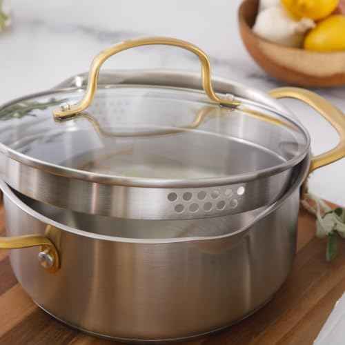 Oster Platinum Sunstreak Pots and Pans Set, 10-Piece Stainless Steel Cookware Set with Glass Strainer Lids and Gold Handles, Induction Cookware Set
