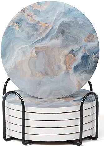 Set of 6 Abstract Blue Marble Coasters with Holder, Absorbent Ceramic