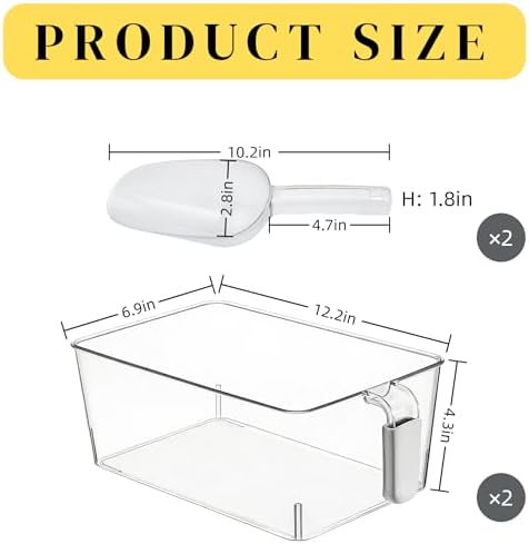 2-Pack Clear Gray Ice Storage Bins with 2 Thickened Scoops, Durable